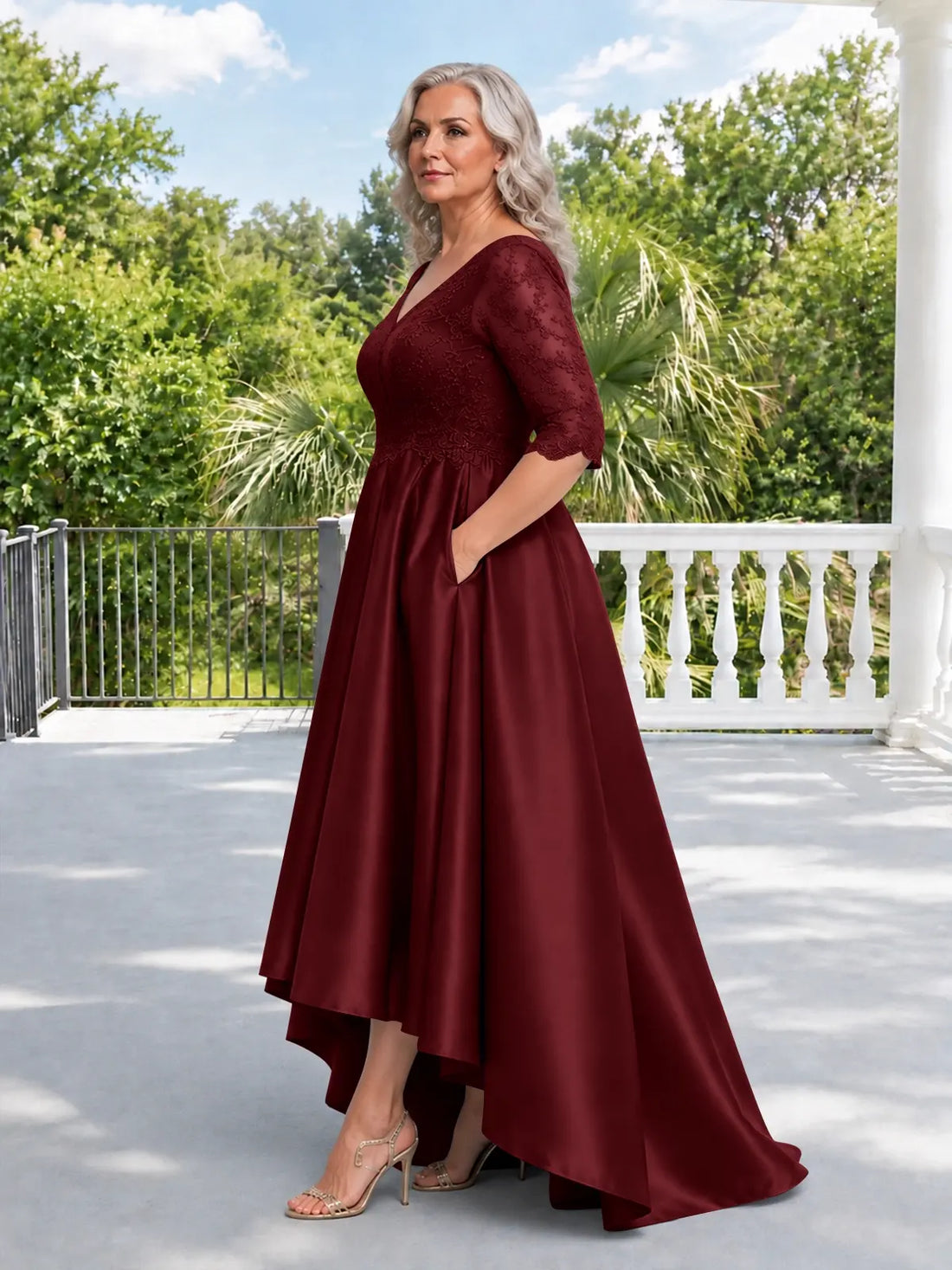 Satin Mother of the Bride Dress with Lace Sleeves-Plus Size
