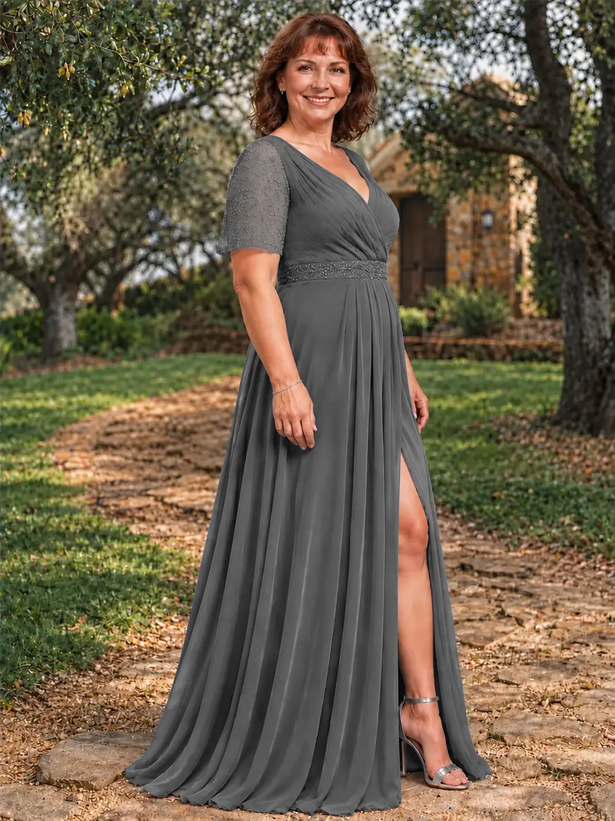 Surplice Neckline Mother of the Bride Dress with Slit-Plus Size