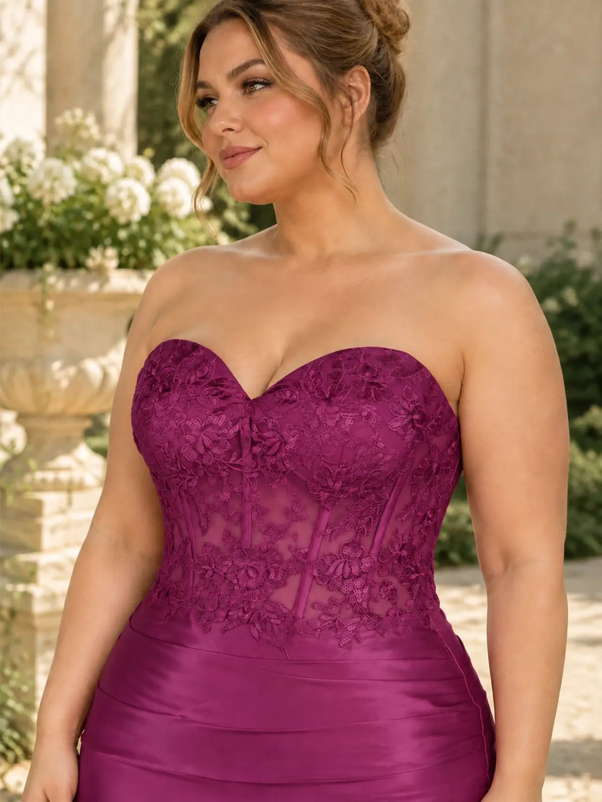 Applique Satin Lace-up Back Mini Dress-Plus Size