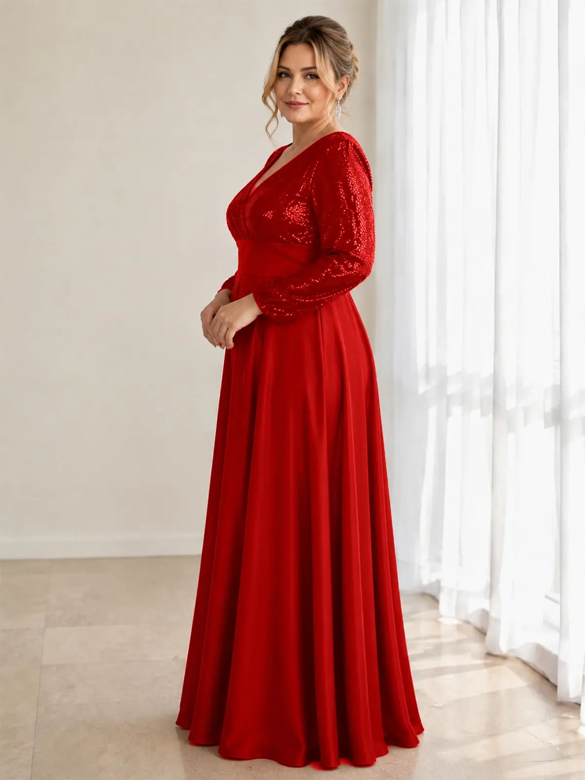 Sequined Sleeves Corset A-Line Dress-Plus Size