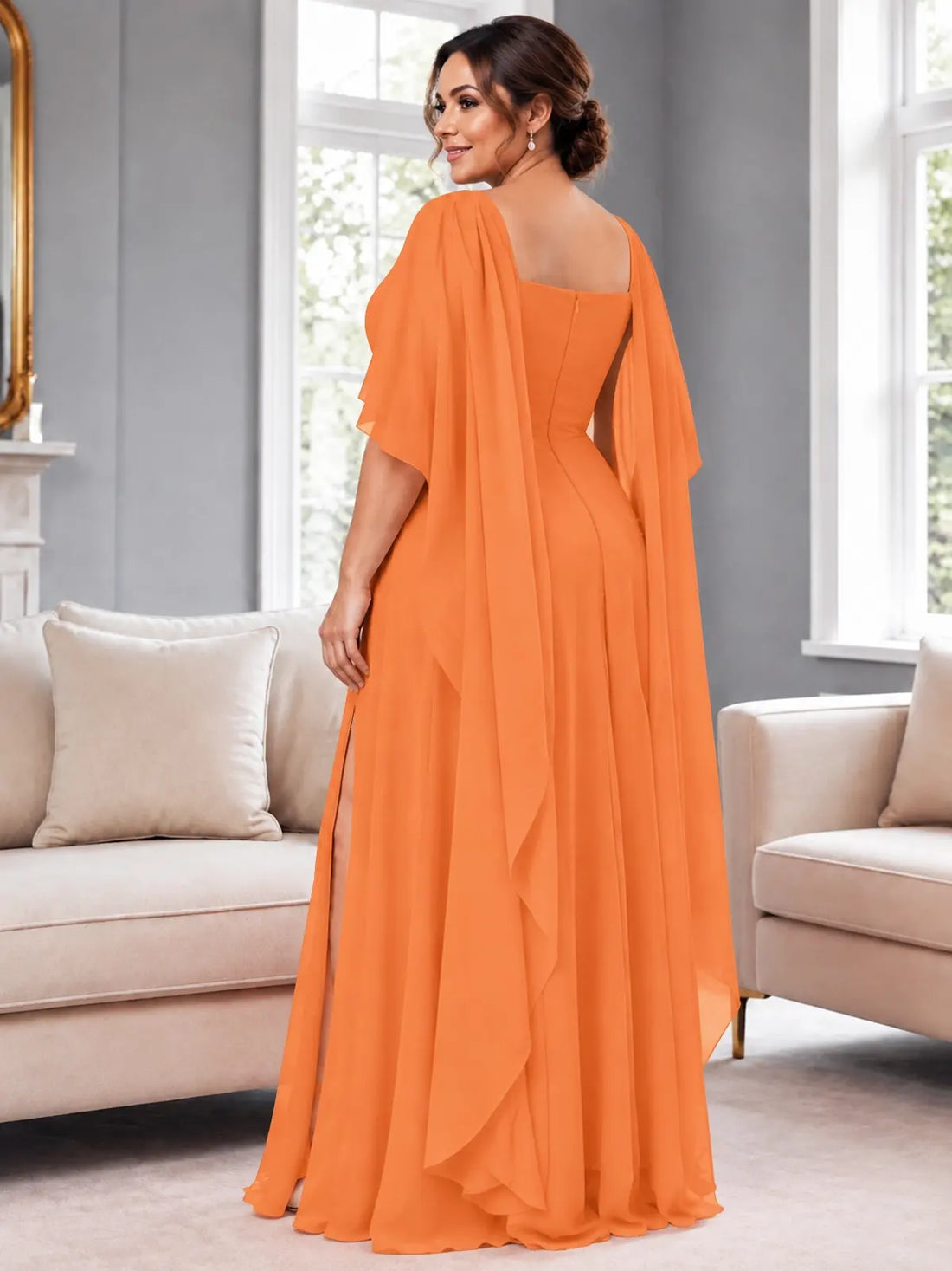 Chiffon Mother of the Bride Dress with Cape Overlay-Plus Size