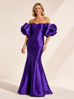 Satin Mother of the Bride Dress with Detachable Puff Sleeves