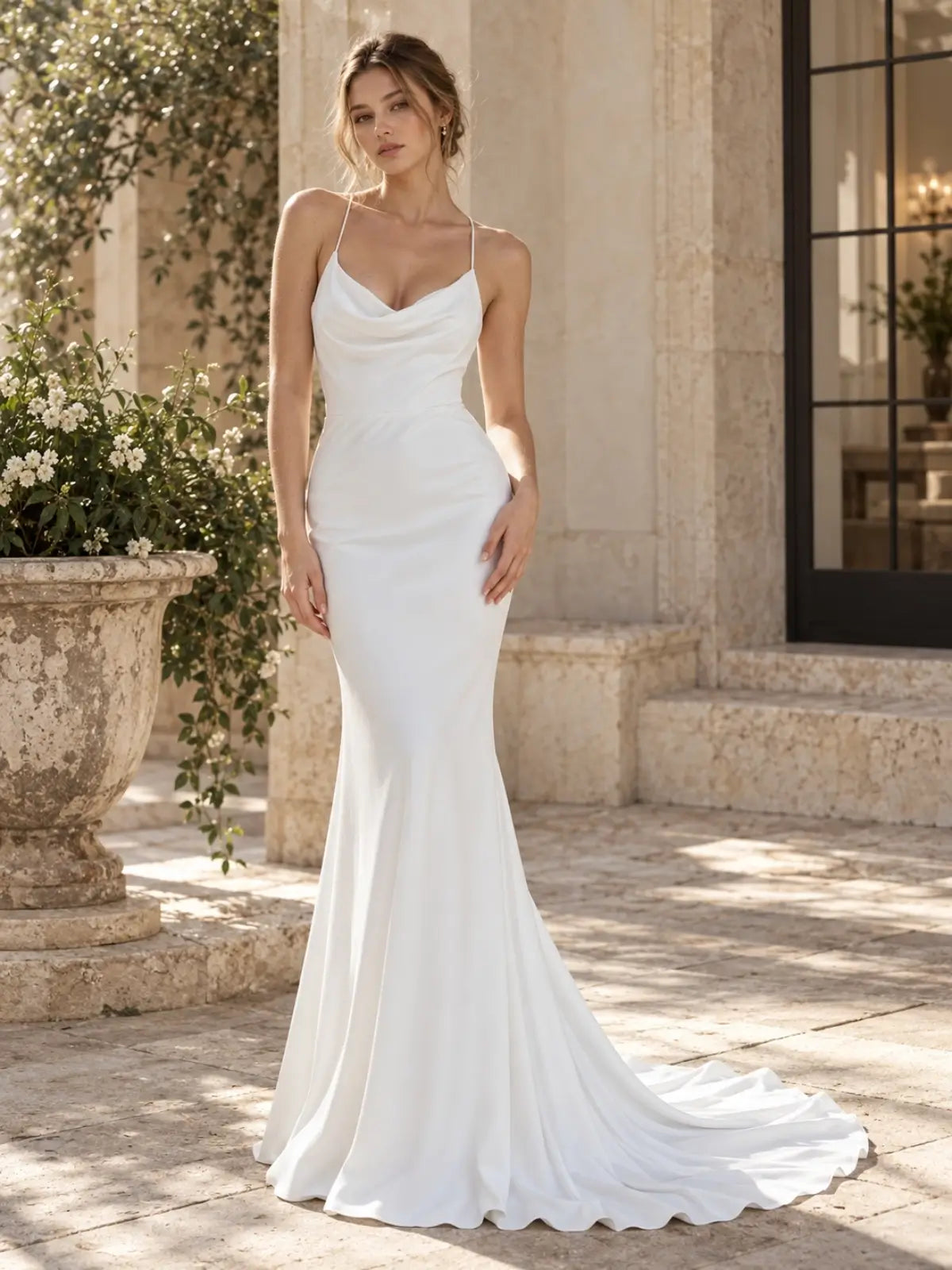 Cowl Neck Wedding Dress with Corset Lace-Up Back