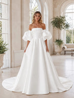 Tube Wedding Dress with Detachable Puff Sleeves