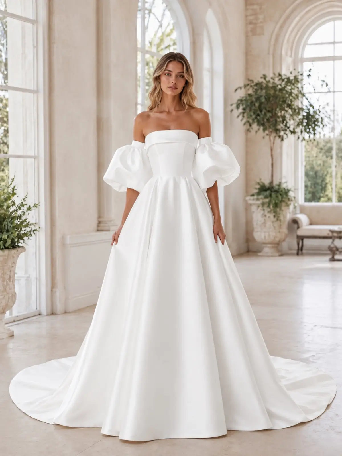 Tube Wedding Dress with Detachable Puff Sleeves
