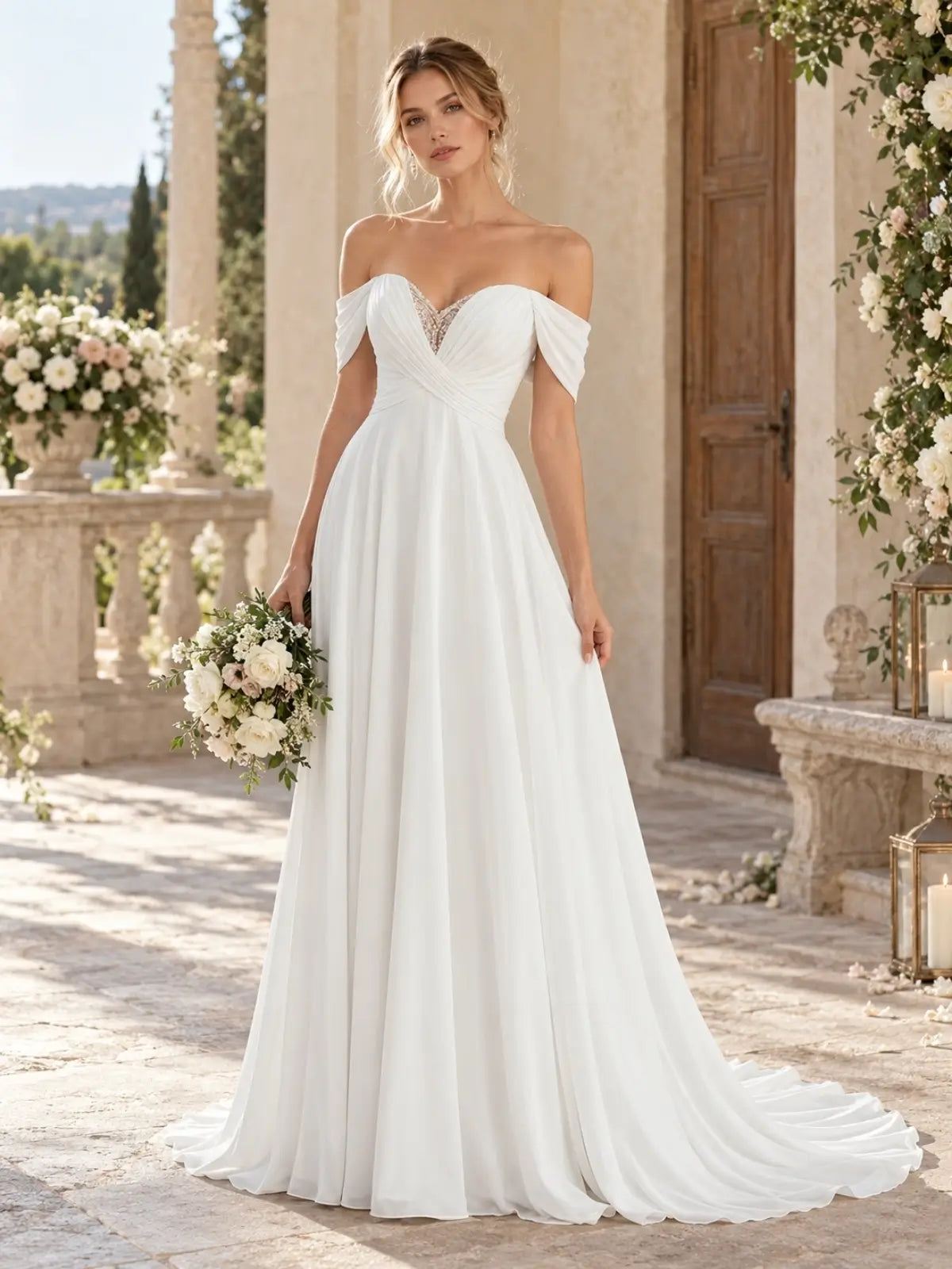 Off-the-Shoulder Beaded Wedding Dress