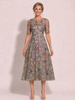 Boat Neck Mother of the Bride Dress with Half Sleeves