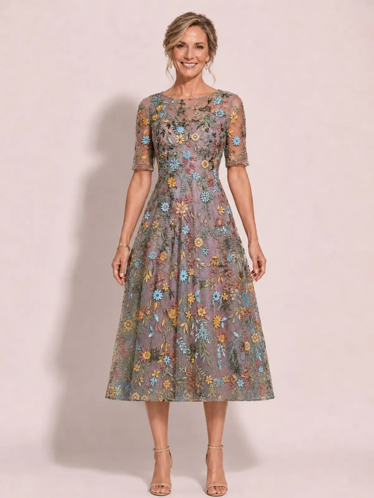 Boat Neck Mother of the Bride Dress with Half Sleeves