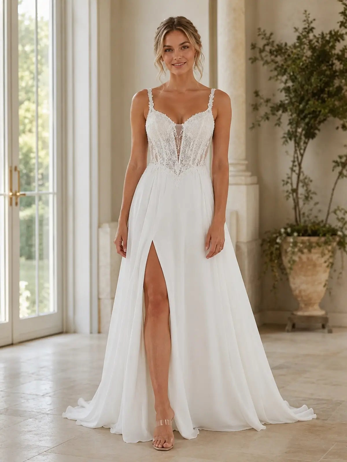 Spaghetti Strap Appliqued Wedding Dress