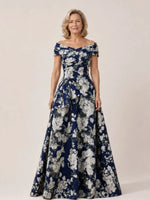 Off-the-Shoulder Mother of the Bride Dress with Printed Detail