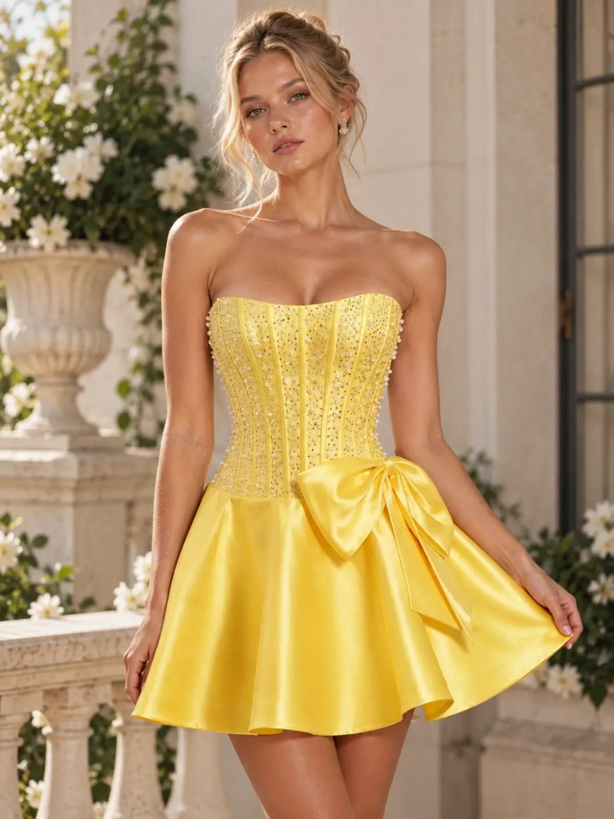 Crystal Beaded Homecoming Dress with Tube Neckline