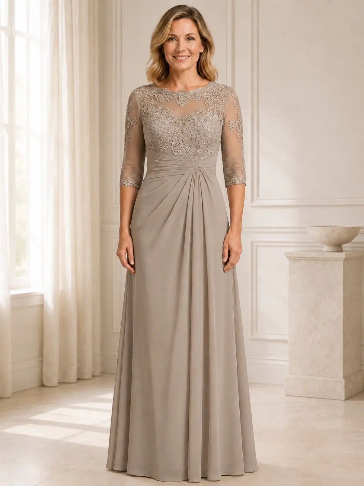 Lace Mother of the Bride Dress with 3/4 Sleeves