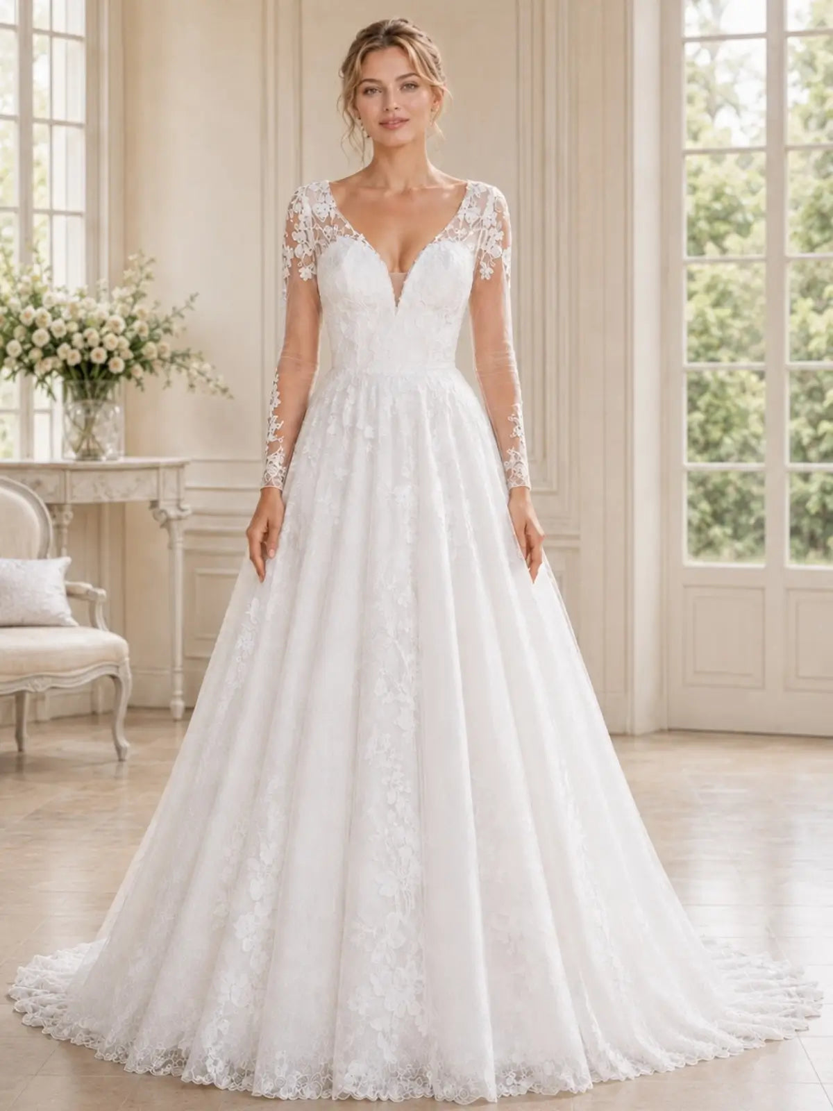 Elegant V-Neck Wedding Dress with Long Sleeves