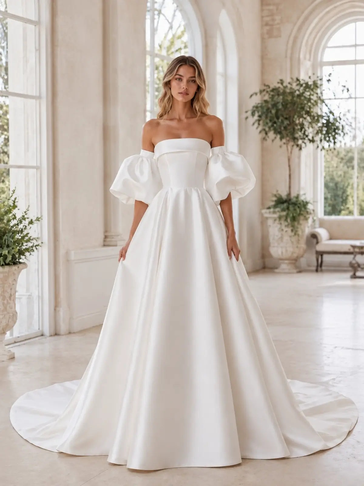 Tube Wedding Dress with Detachable Puff Sleeves