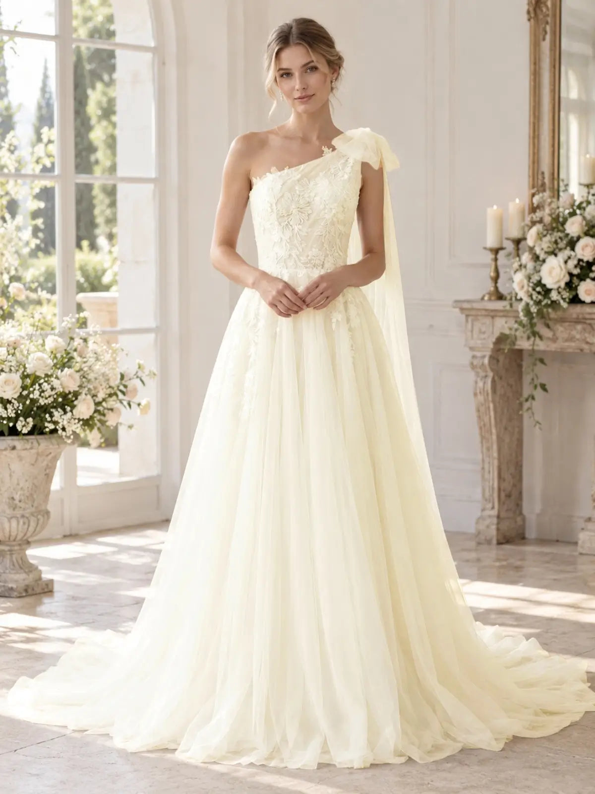 One-Shoulder Wedding Dress with Applique Details