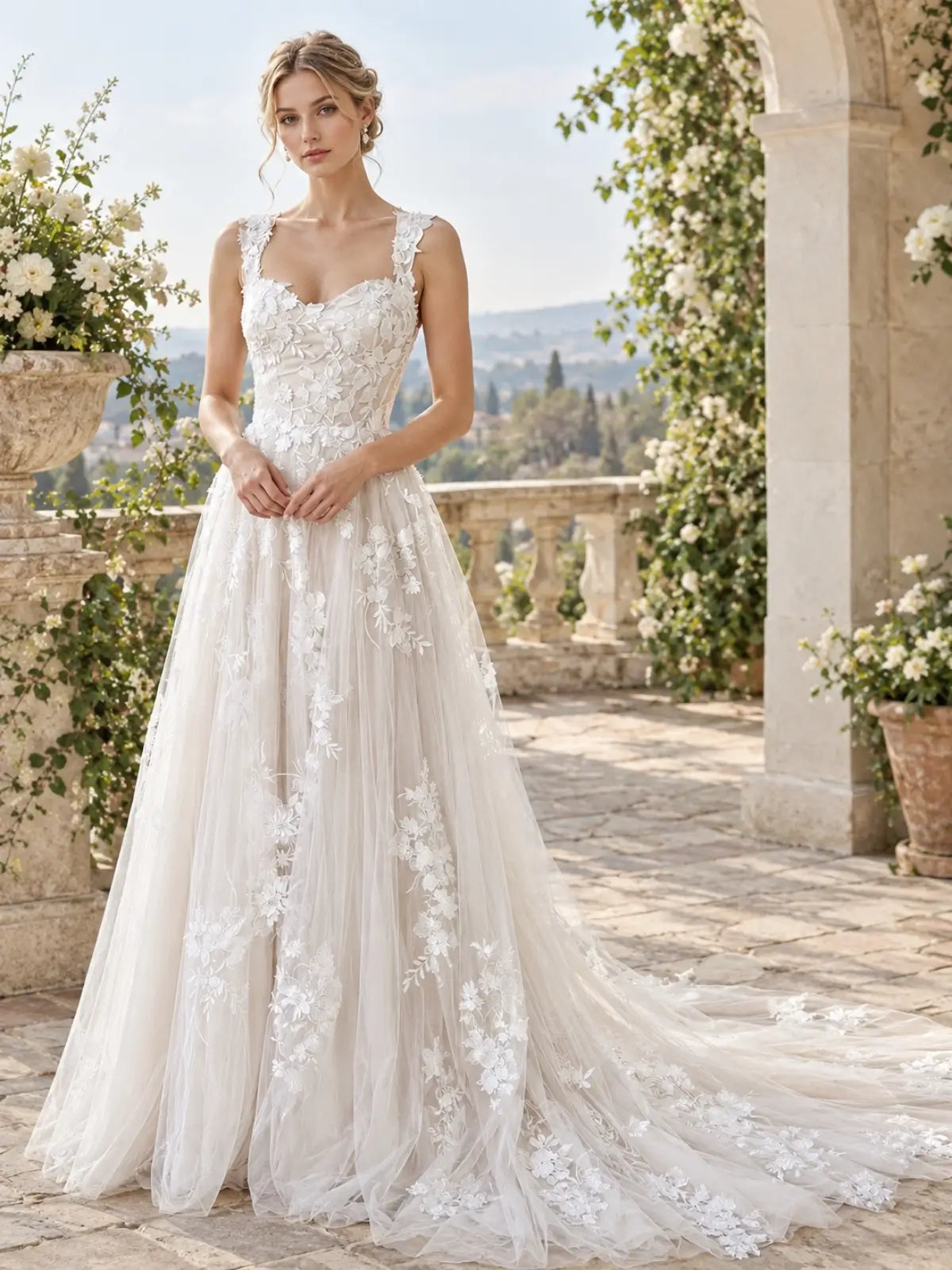 Wide Strap Wedding Dress with Cathedral Train Design