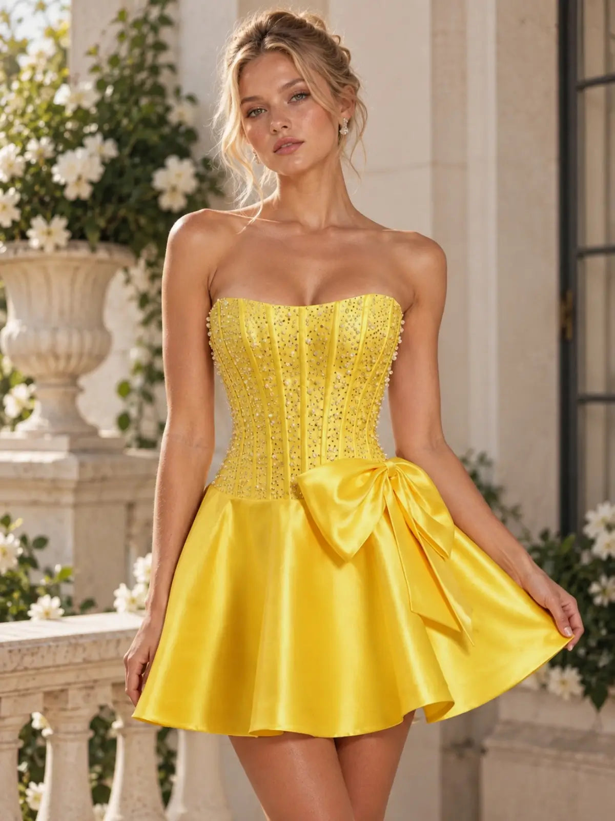 Crystal Beaded Homecoming Dress with Tube Neckline