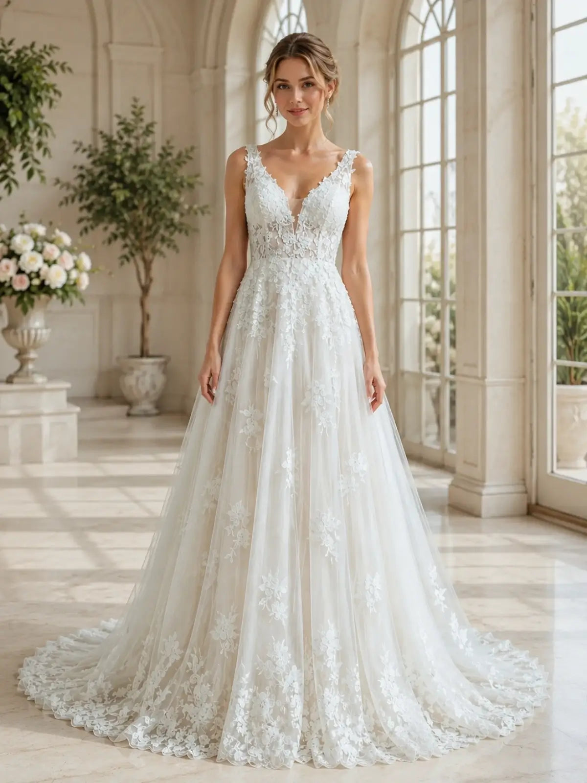 V-Neck Lace Wedding Dress