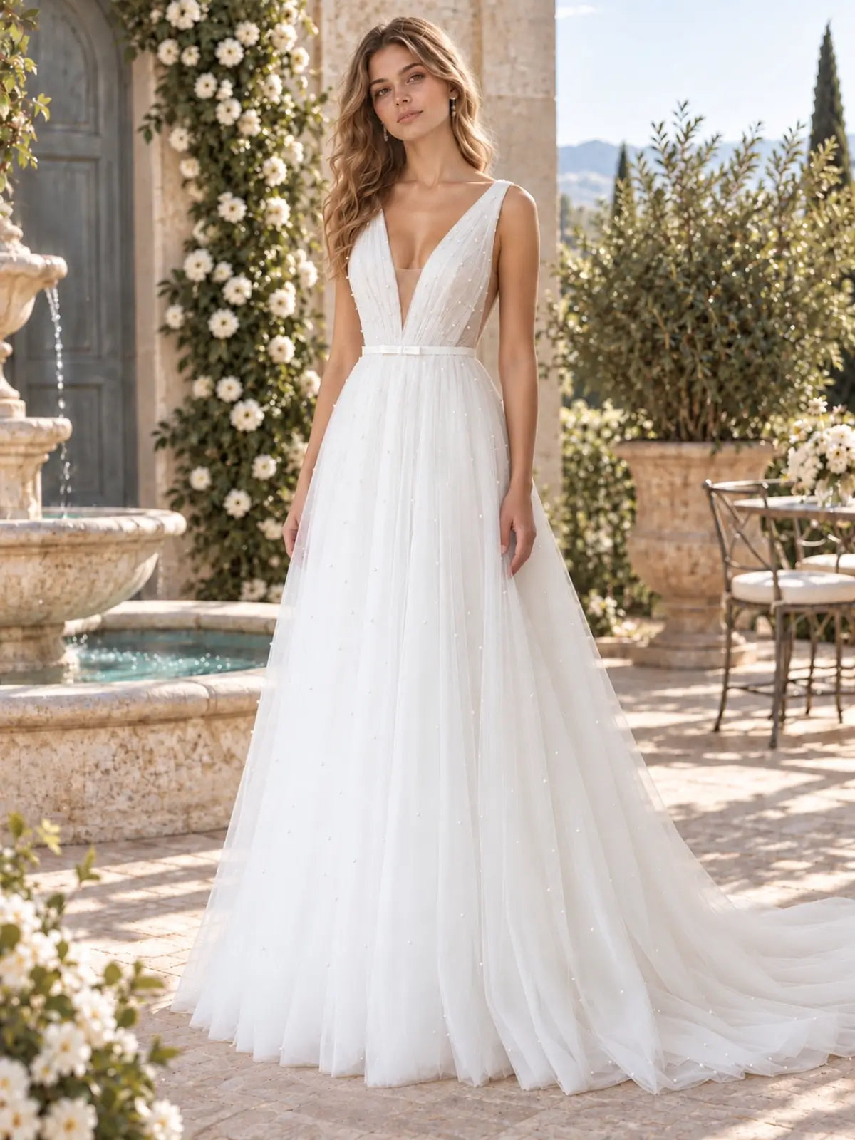 V-Neck Wedding Dress with Pearl Embellished