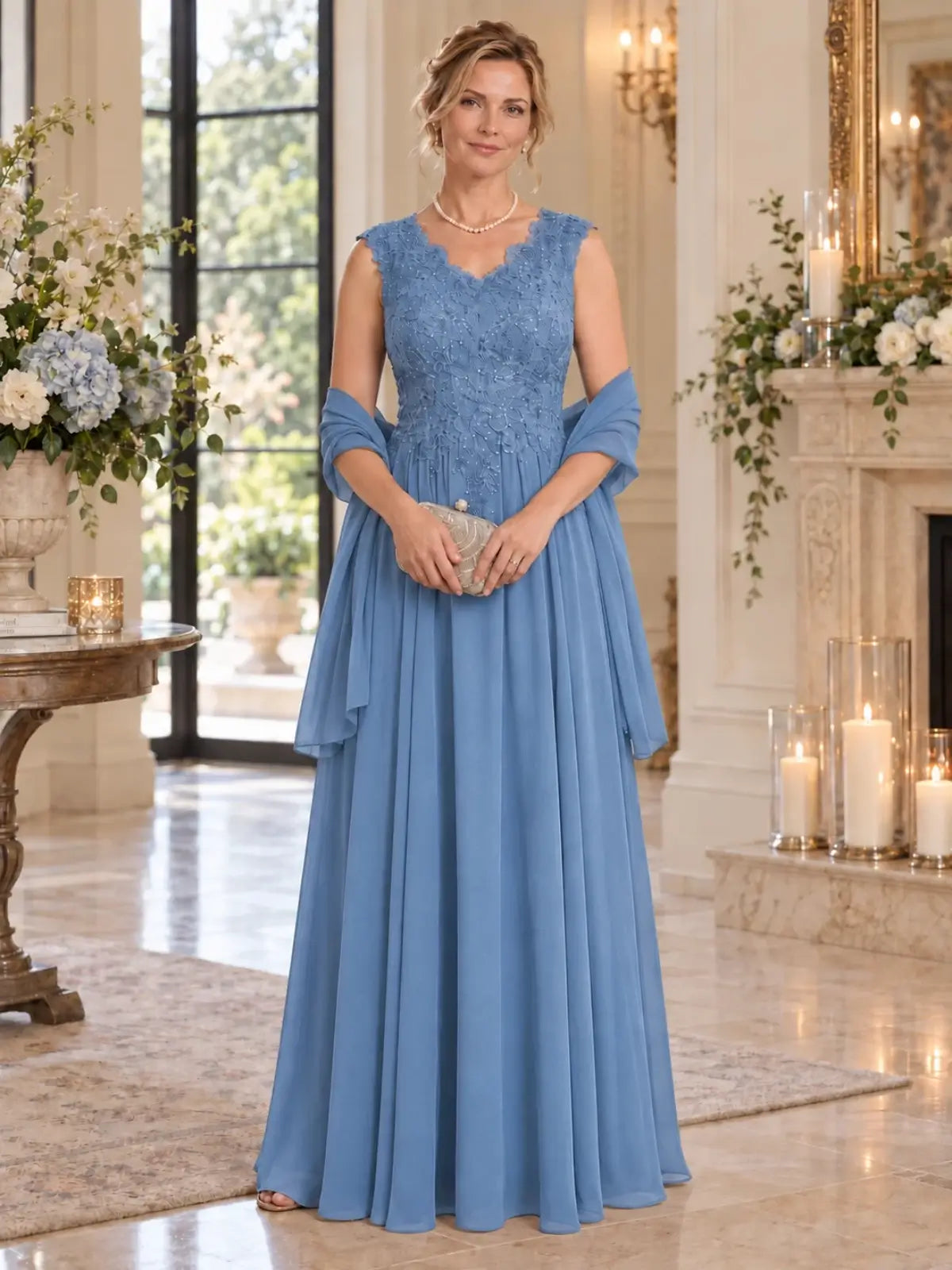 Floor-Length V-Neck Mother of the Bride Dress