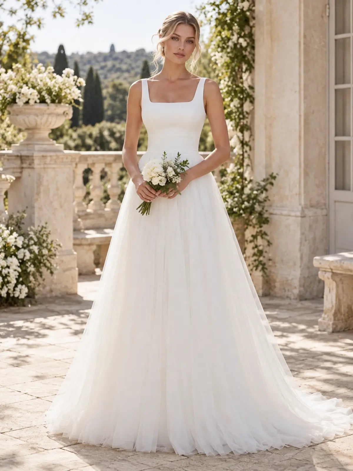 Square Neck Wedding Dress with Open Back Design