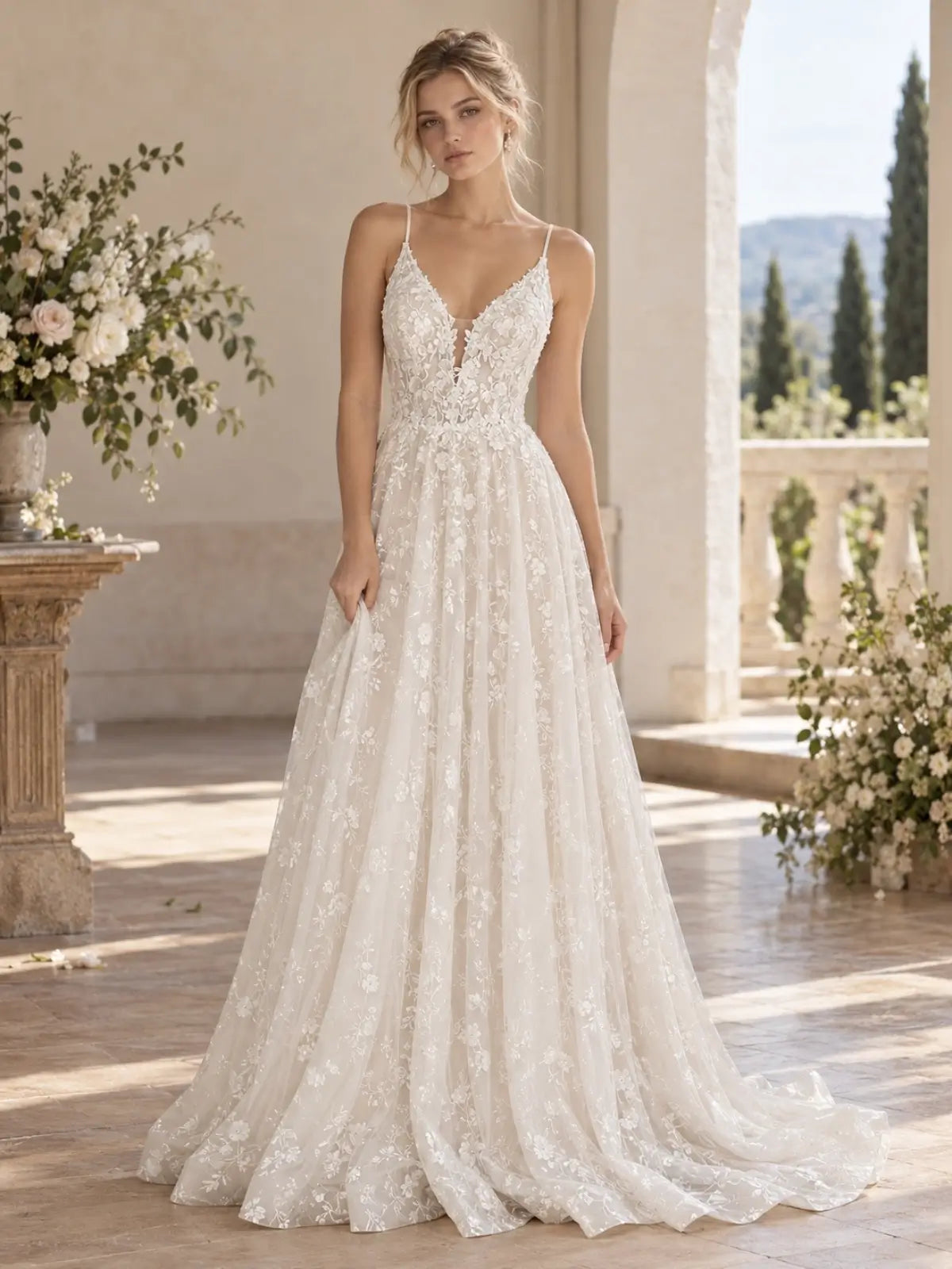 V-Neck Wedding Dress with Cutout Details