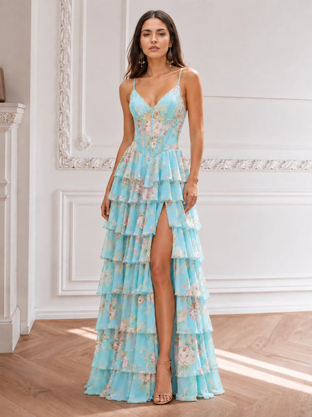 Chiffon Prom Dress with Floral Pattern 