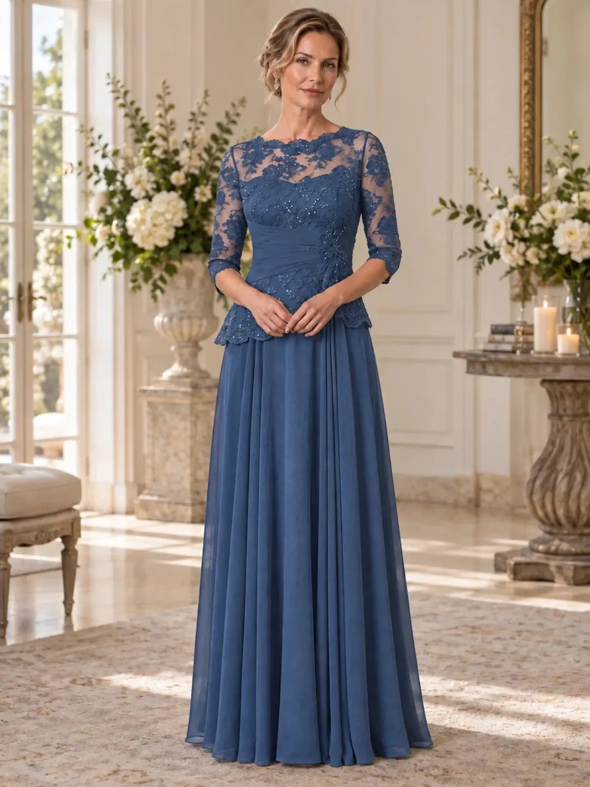 Boat Neck Mother of the Bride Dress with Ruched Waist Design