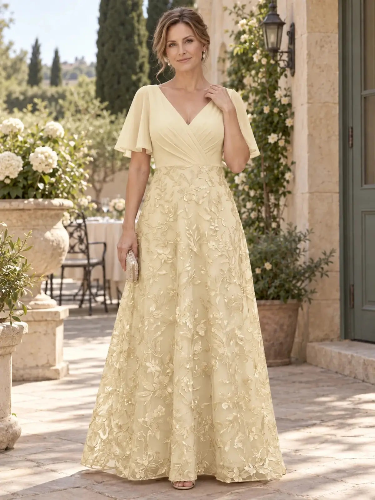 Surplice Neck Mother of the Bride Dress with Ruched Bodice
