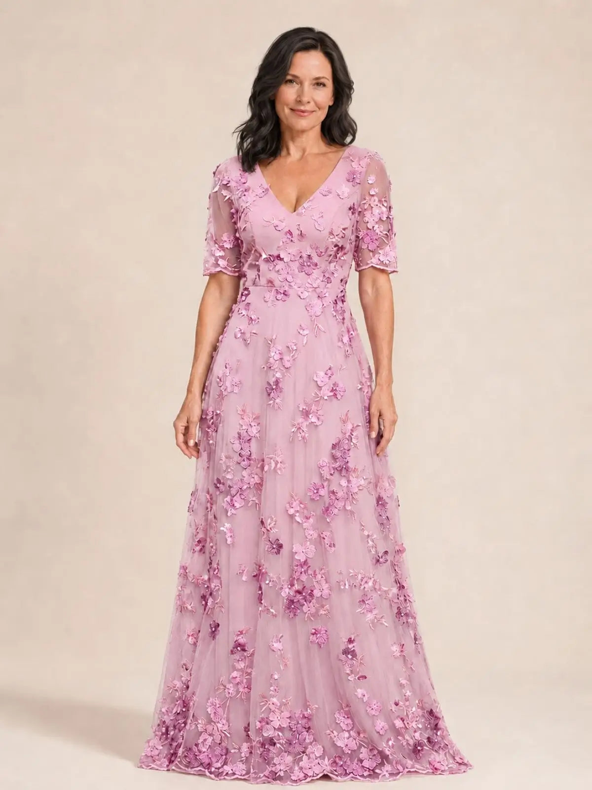 V-neck Mother of the Bride Dress with 3D Floral Appliques