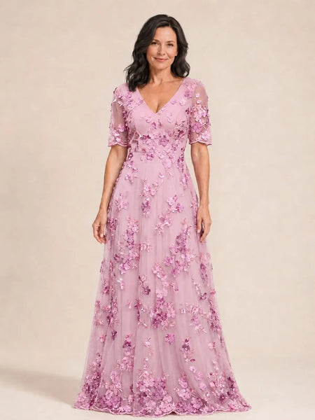 V-neck Mother of the Bride Dress with 3D Floral Appliques