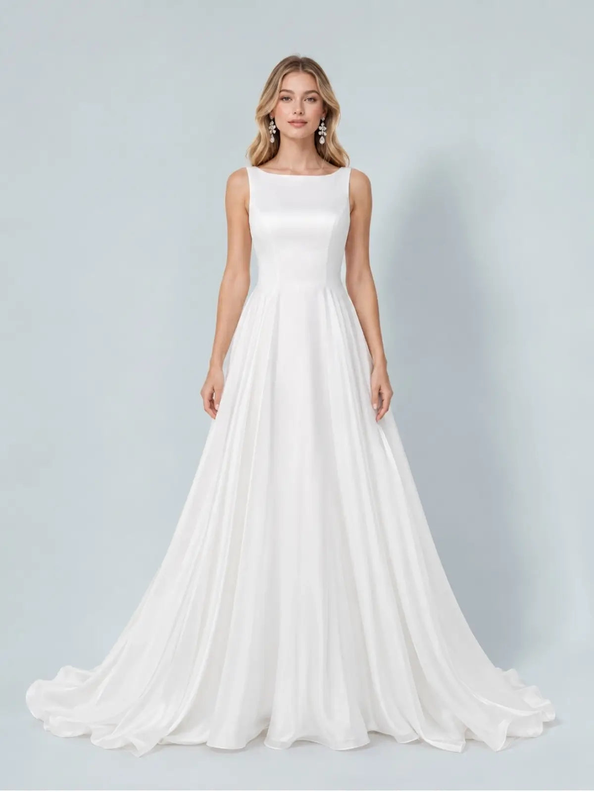 Bateau Neck Wedding Dress with Court Train