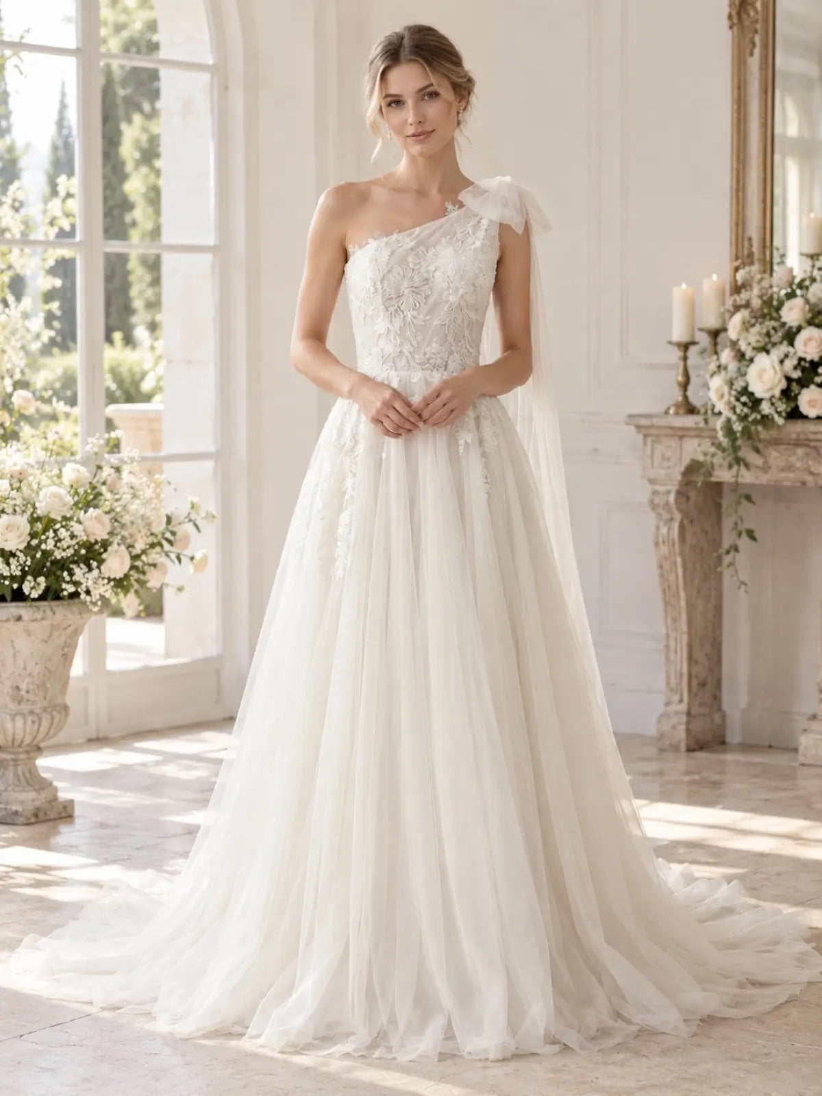 One-Shoulder Wedding Dress with Applique Details