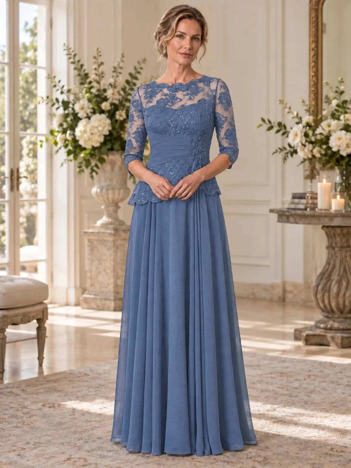 Boat Neck Mother of the Bride Dress with Ruched Waist Design