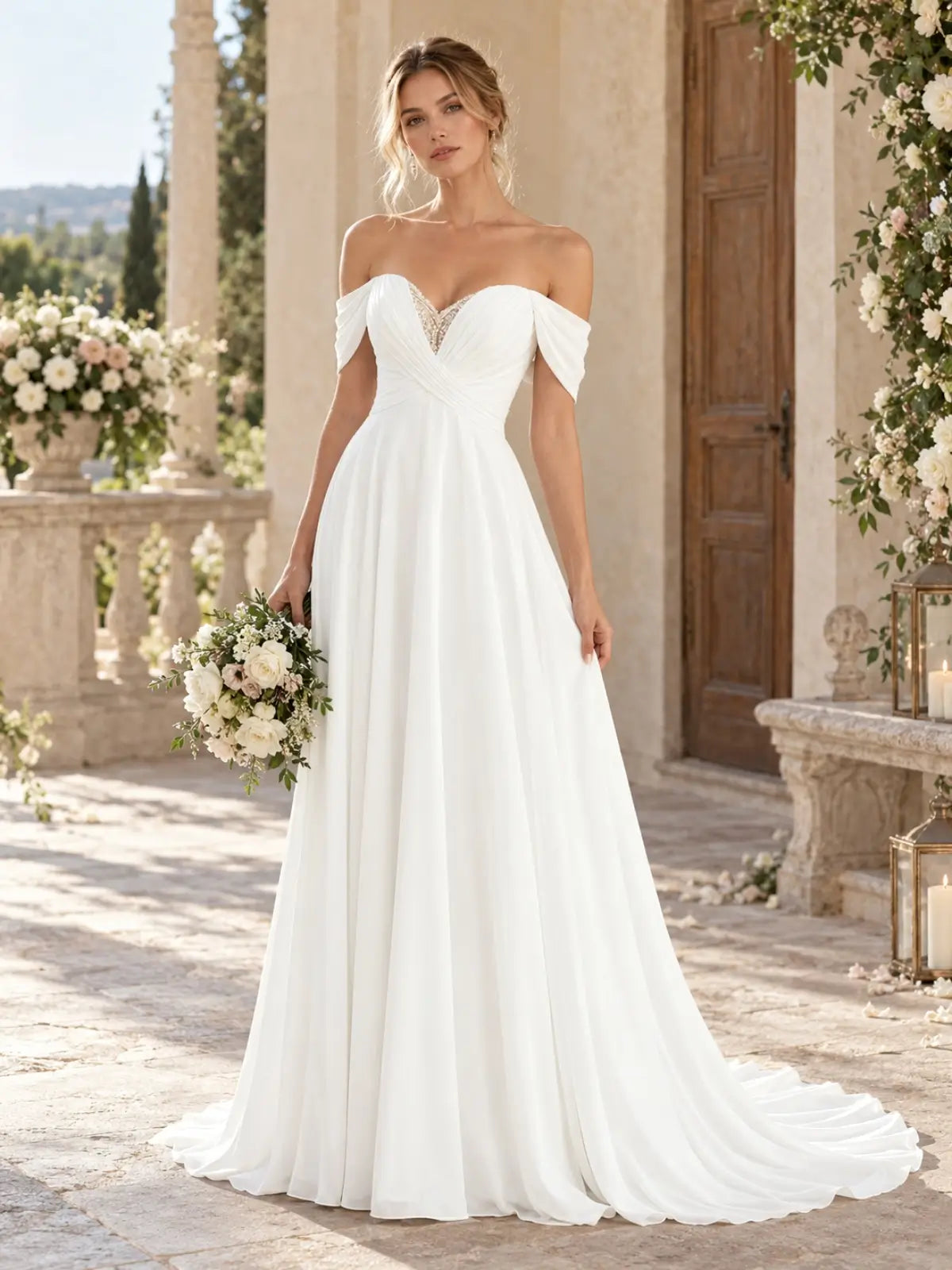 Off-the-Shoulder Beaded Wedding Dress