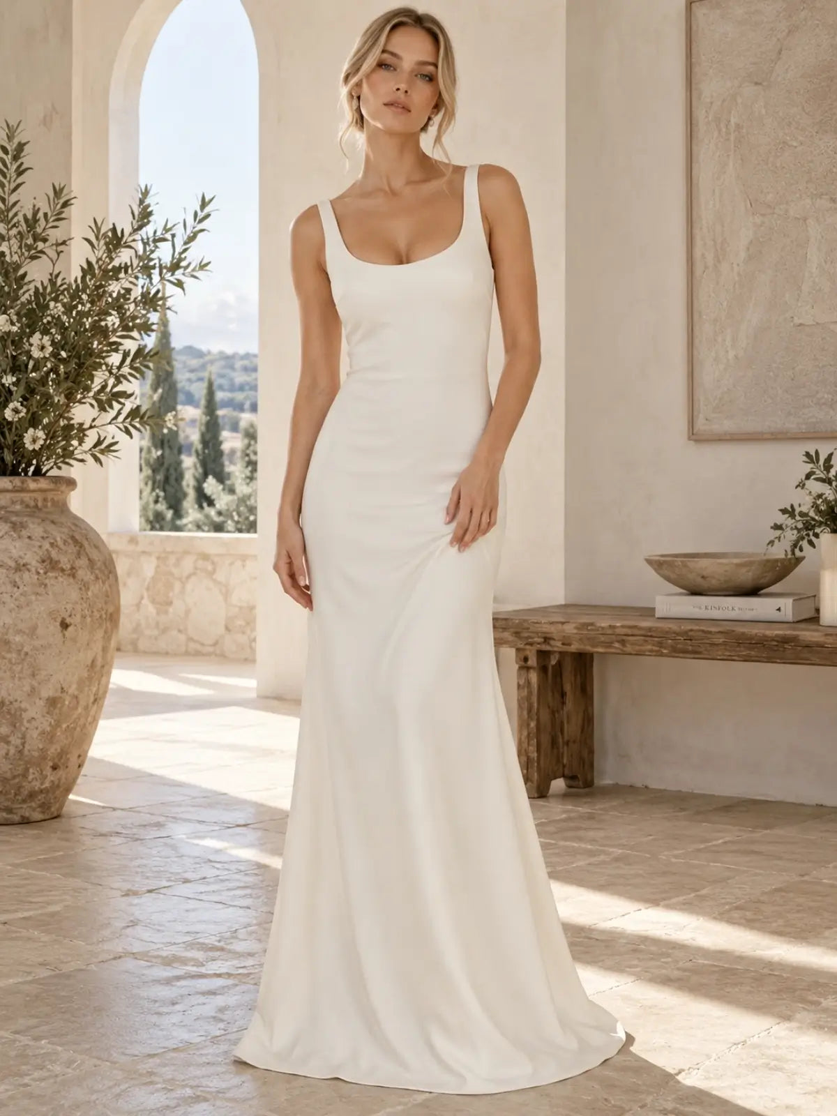 Scoop Neck Wedding Dress with Elegant Back Bow Detail