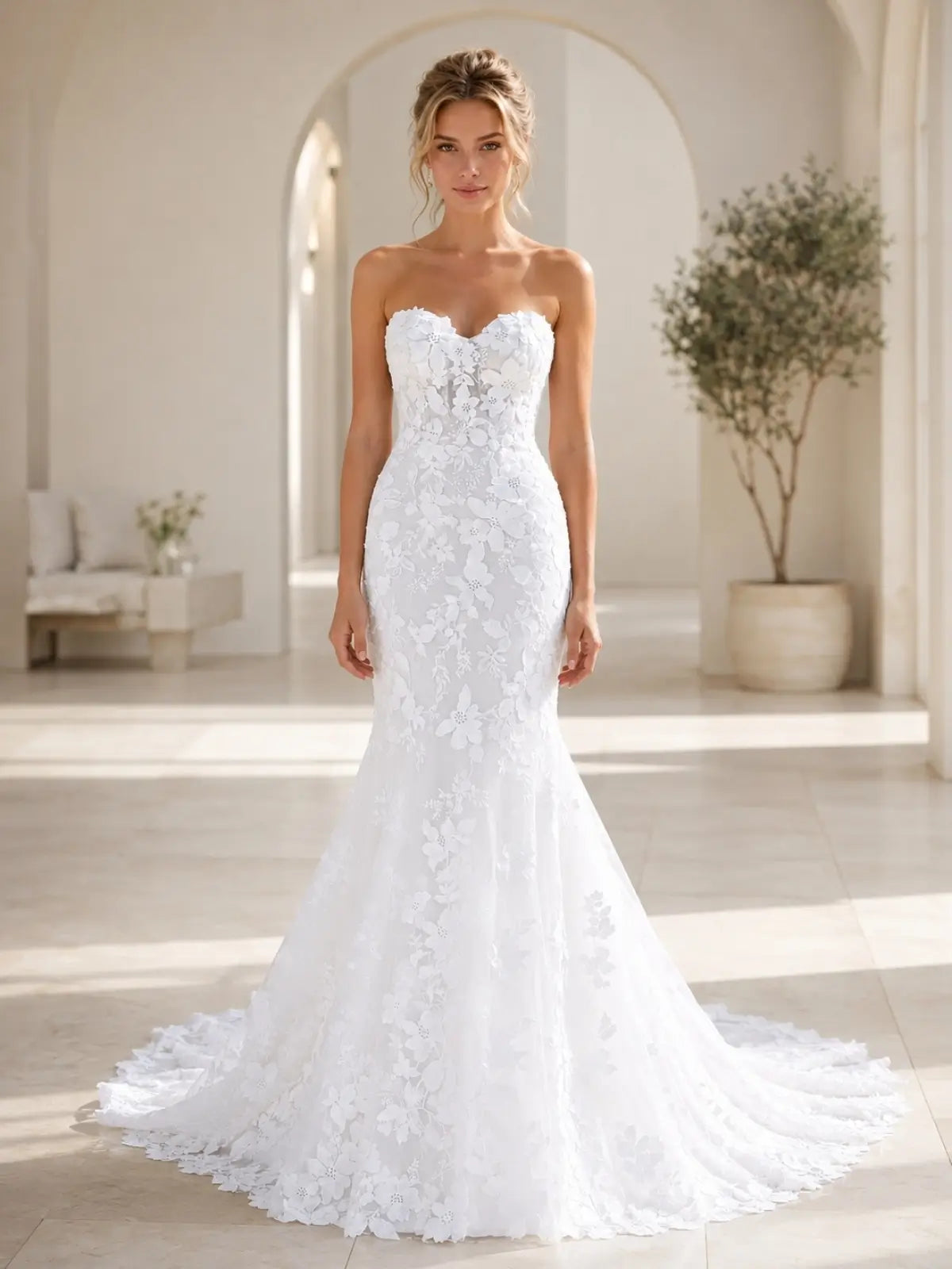 Lace Applique Wedding Dress with Court Train