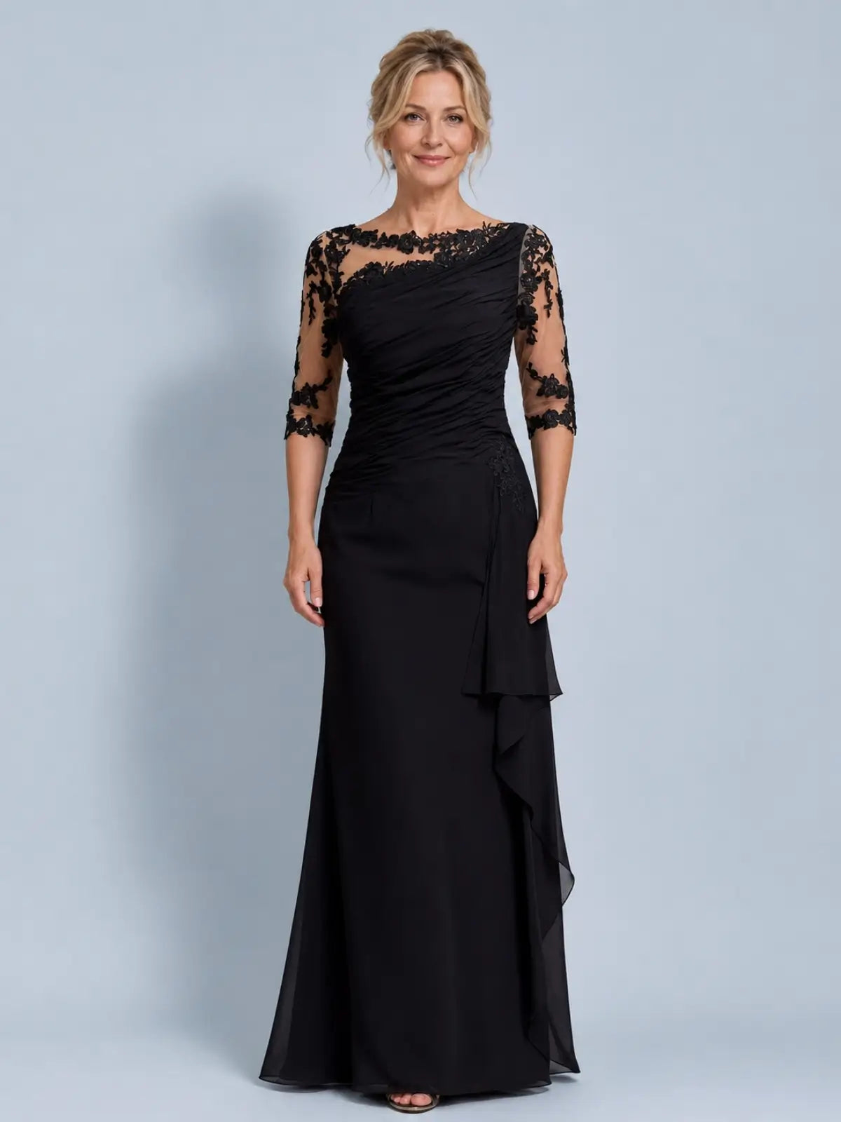 Bateau Neck Mother of the Bride Dress with Ruffle Details