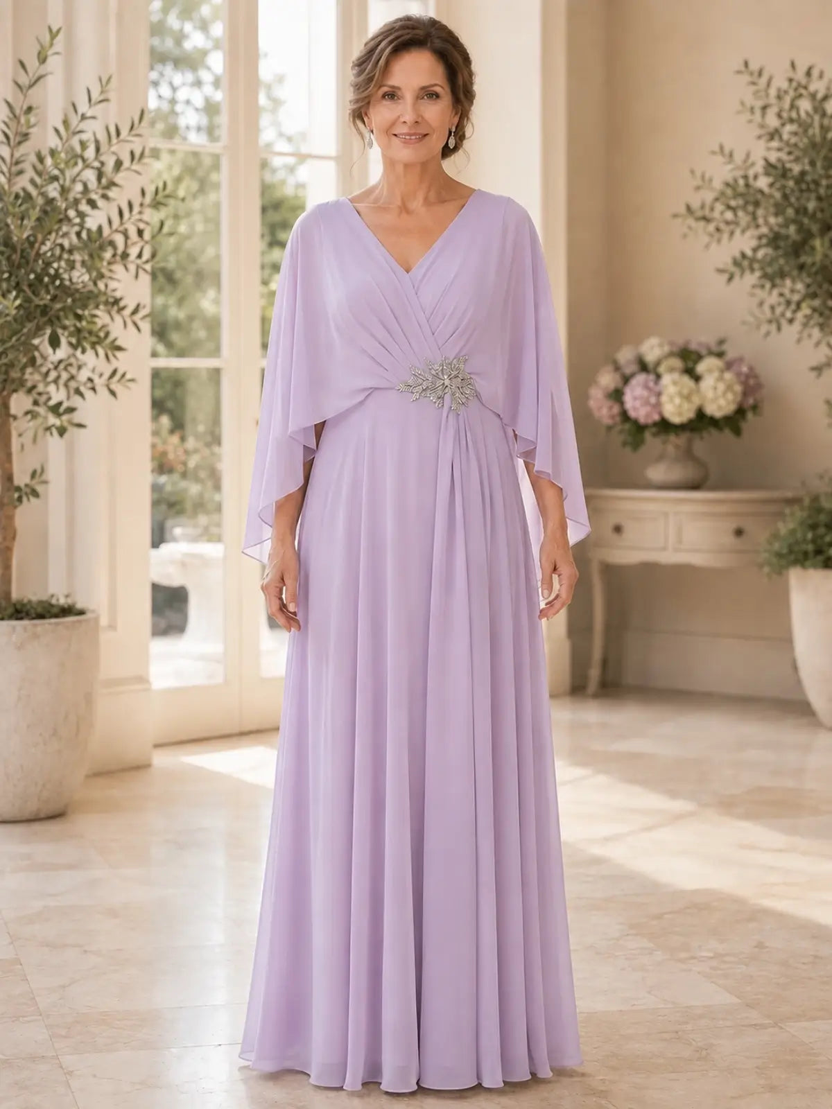 Surplice Neckline Mother of the Bride Dress in Chiffon Fabric