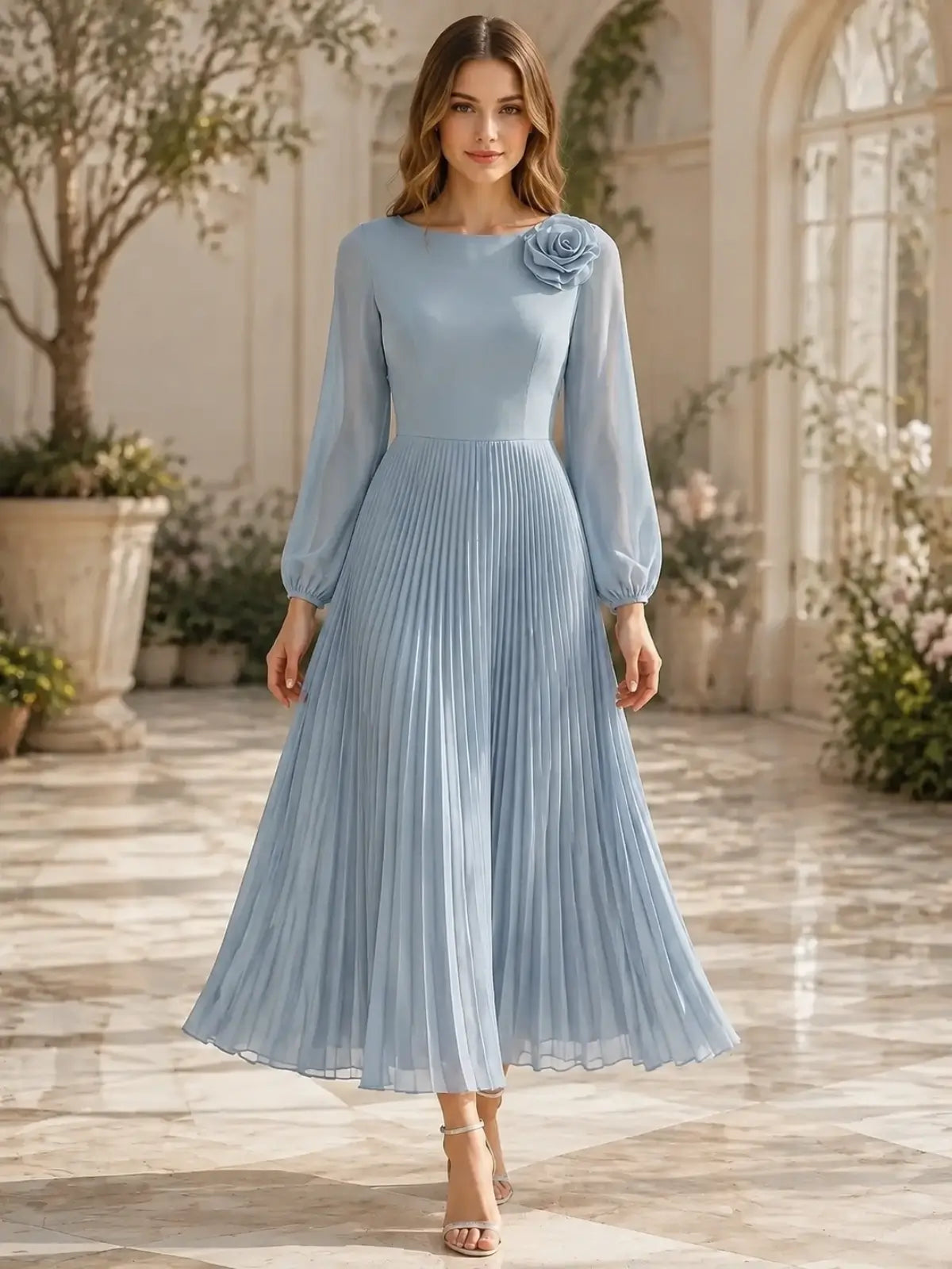 Pleated Bateau Neck Bridesmaid Dress
