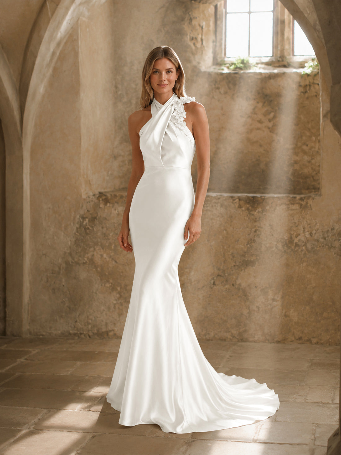 Silk-like Bridesmaid Dress with 3D Floral
