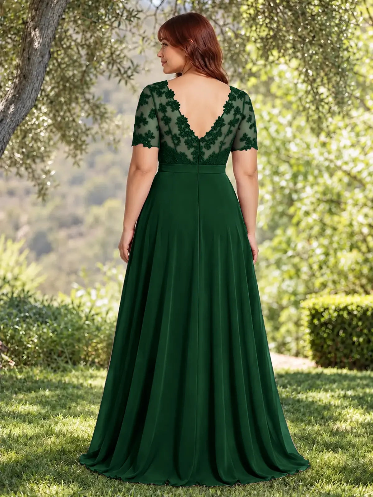 Lace Mother of the Bride Dress with Illusion Neckline-Plus Size