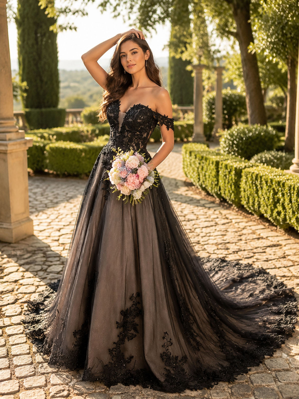 Black Applique Sequined Tulle Wedding Dress 