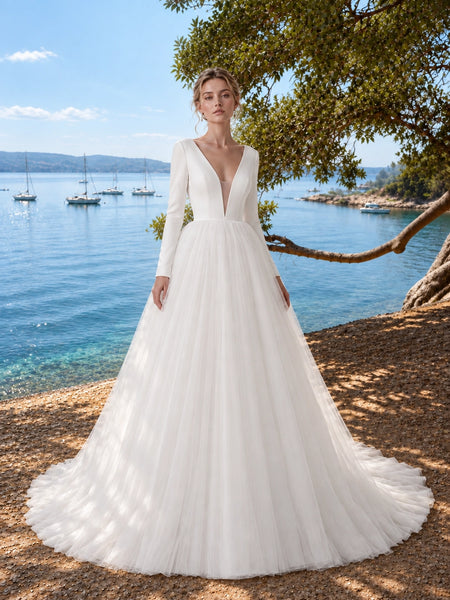 V-Neck Wedding Dress with Long Sleeves 