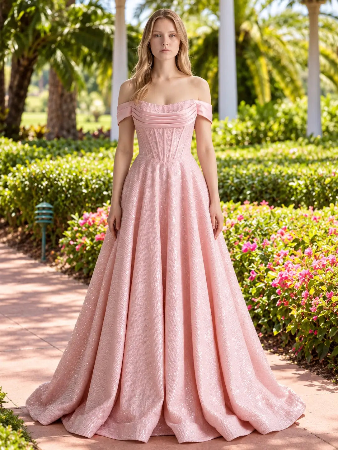 Glitter Corset Off-Shoulder Prom Dress 