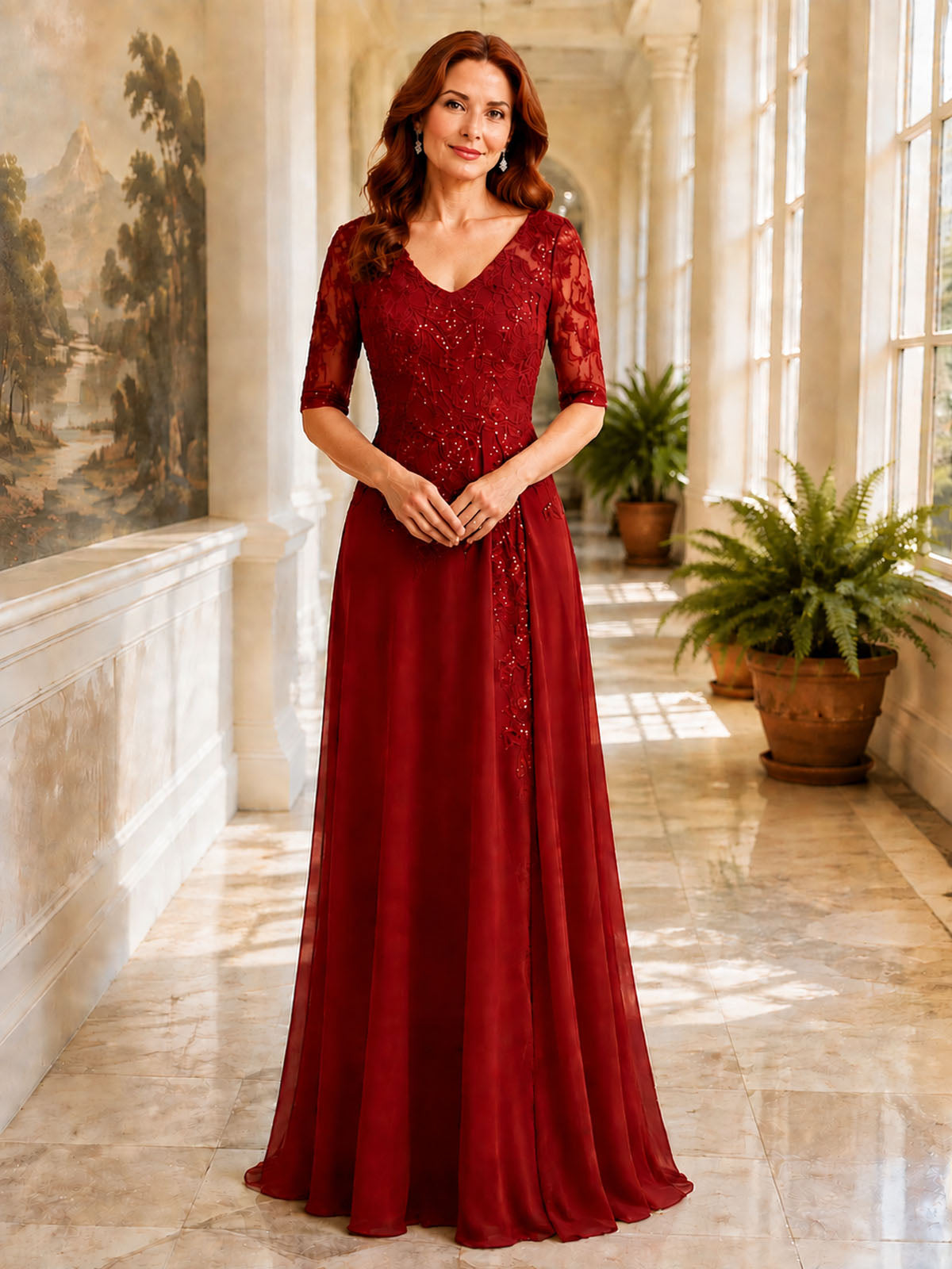 Applique V-Neck Chiffon Dress 