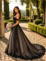 Black Applique Sequined Tulle Wedding Dress 