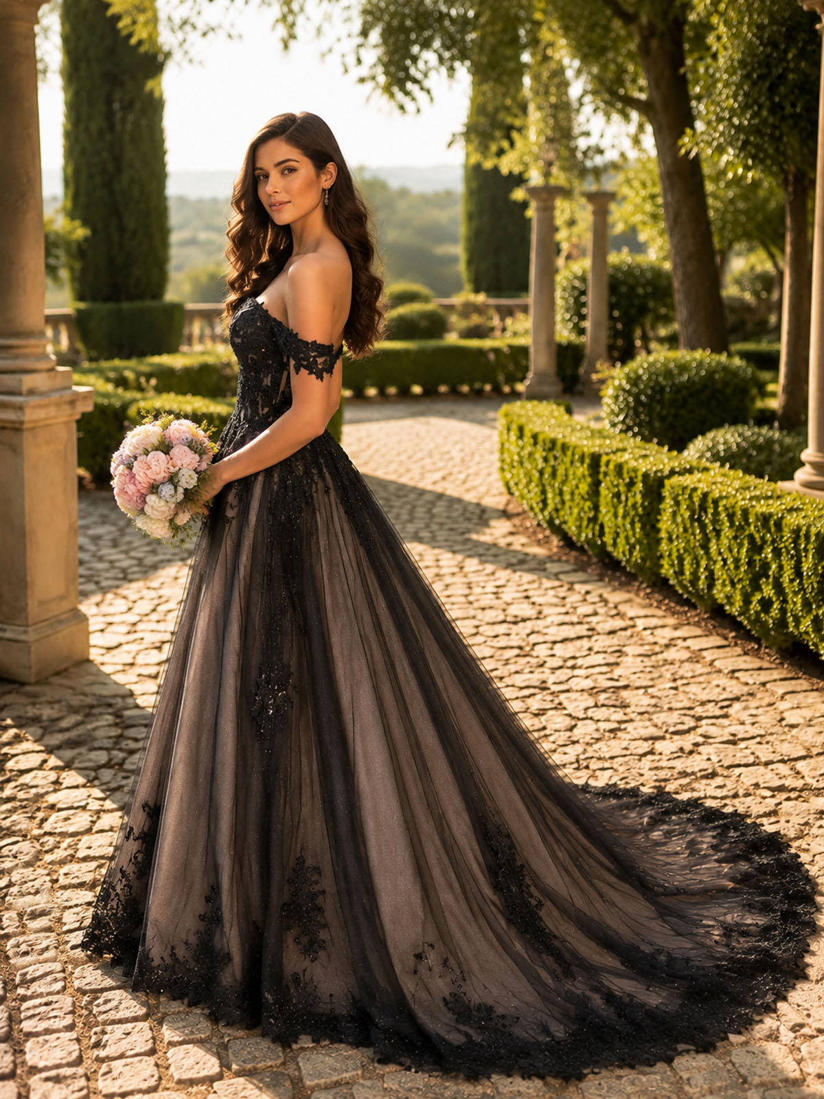 Black Applique Sequined Tulle Wedding Dress 