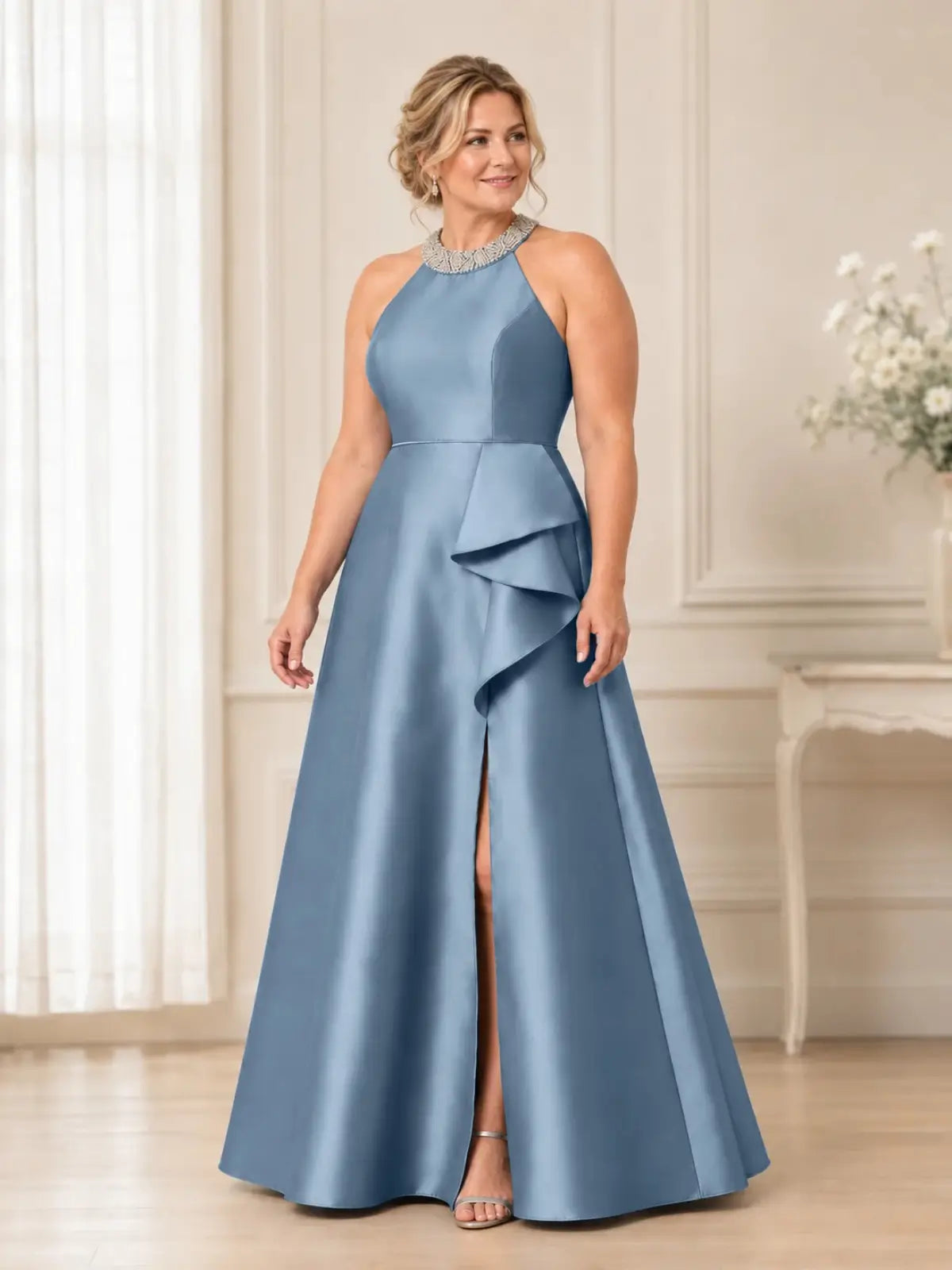 Halter Neck Mother of the Bride Dress with Slit