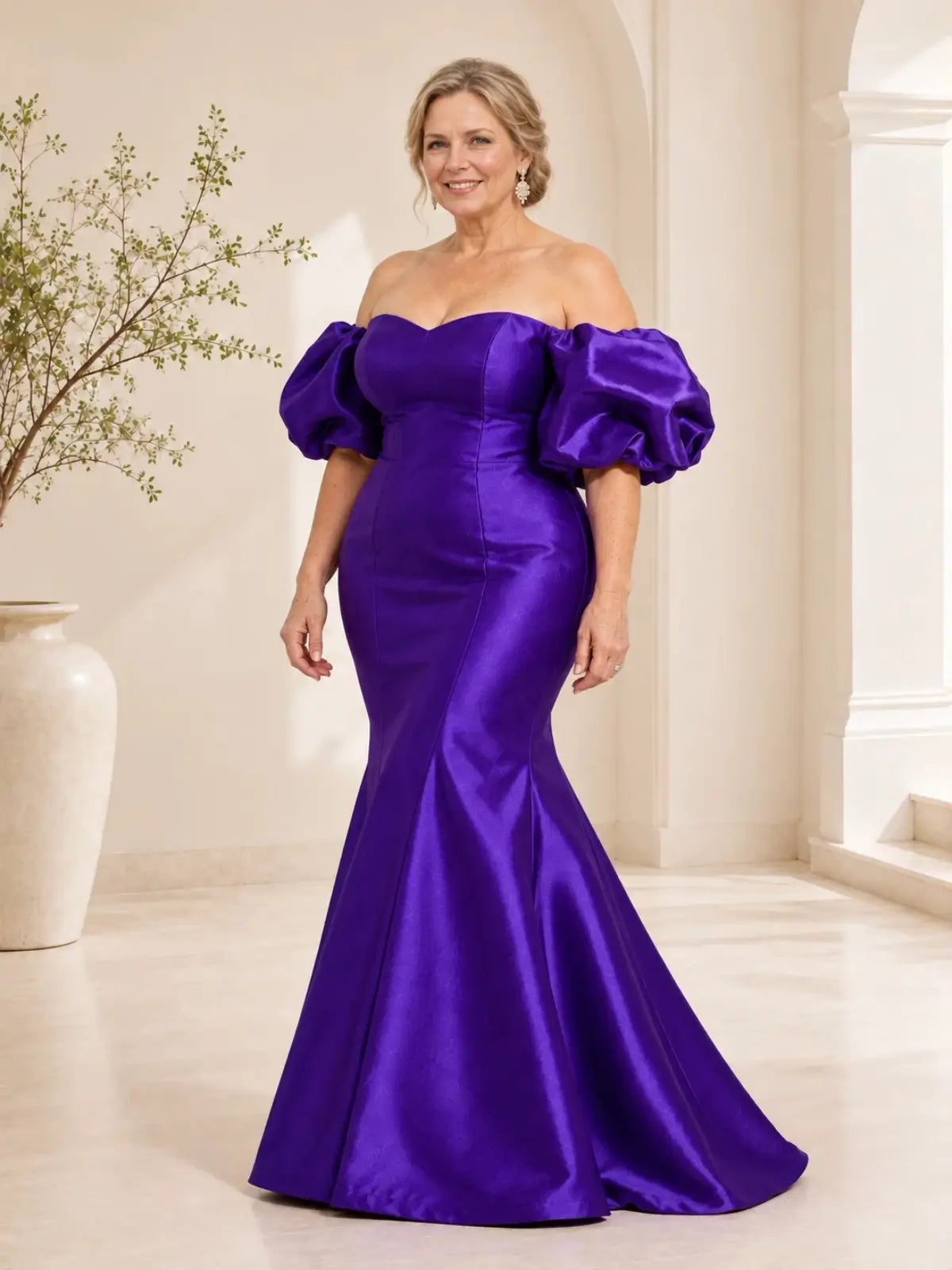 Satin Mother of the Bride Dress with Detachable Puff Sleeves
